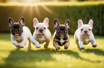 Fototapeta premium Cute French Bulldog puppies enjoying playtime running merrily across a green lawn. Puppy day, the joy of pets, dog walking. Domestic pets friendship