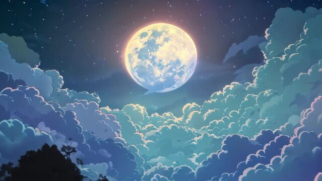 very beautiful clouds and moon. cartoon and anime style	