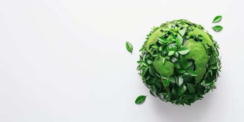 leafy globe with a dense covering of green foliage against a white backdrop, illustrating themes of reforestation and nature conservation, apt for eco-centric educational content or green initiatives - obrazy, fototapety, plakaty