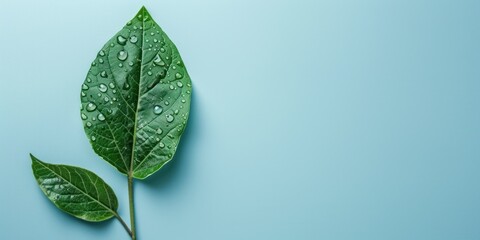 A green leaf with fresh water droplets placed against a solid light blue background, which can be used for environmental campaigns or as a visual metaphor for purity and nature conservation.