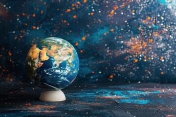 A globe with a deep space background splattered with orange paint, suitable for artistic Earth Day event promotions or creative environmental campaigns.