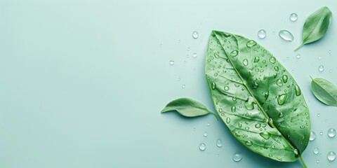 A leaf with water droplets on a light blue background, providing a clean and refreshing image ideal for spa or wellness advertisements and environmental conservation messages.
