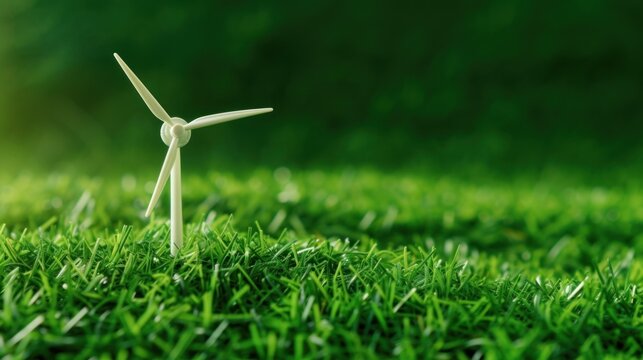 A small white windmill on vibrant green grass under soft lighting, ideal for illustrating renewable energy solutions or Earth Day promotions.