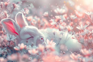 A fluffy white bunny sleeps in a flower field in cute and dreamy, retro and nostalgic colors style