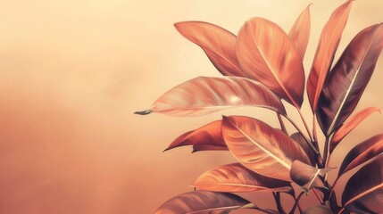 Tropical foliage with pastel shades of orange creates a lively aesthetic.