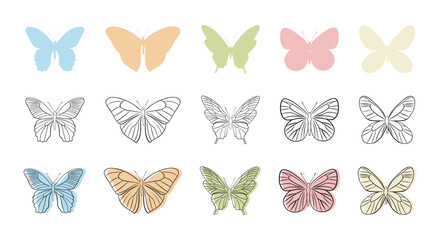 Vector set of colorful and hatched butterflies