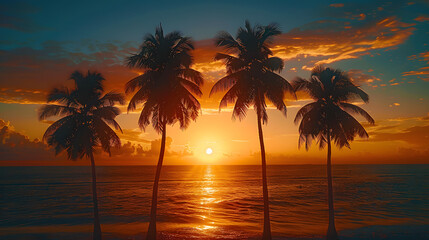 A photo featuring the silhouettes of palm trees swaying in the gentle breeze against the backdrop of a breathtaking sunrise over the ocean. Highlighting the tranquil paradise of a tropical morning and