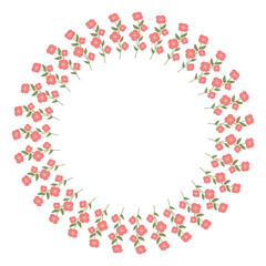 Round Hand drawn floral frame or border with place text, quote or logo in flat style. Doodle spring Wreath made of pink flowers in circle. Minimalist botanical element branches