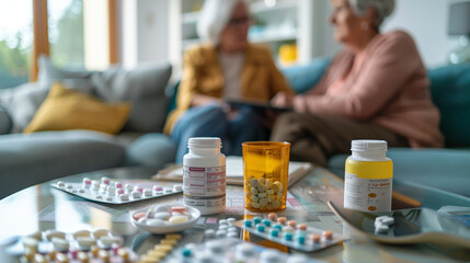 A health visitor and a patient looking at medication plans and schedules on the coffee table, ensuring proper management, health visitor at home, blurred background, with copy space