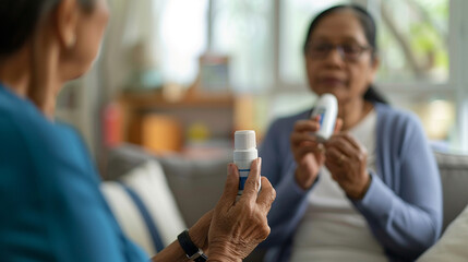 A health visitor teaching a patient how to use a peak flow meter for asthma management in the patient's study, health visitor at home, blurred background, with copy space