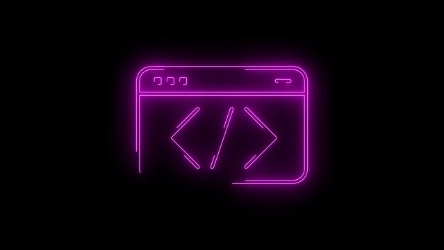 Video footage of Pink glowing Programming, Software Development neon icon. Looped Neon Lines abstract on black background.Laser Pictogram animation. Seamless loop. 4k video