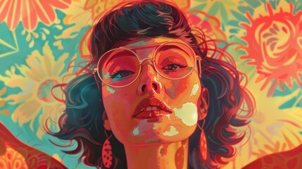 Woman wearing glasses on a colorful floral backdrop in the style of retro and psychedelic color palette, banner in nostalgic colors