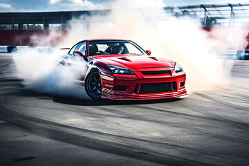 Racing car on the track in high speed motion - the car is driving fast with smoke coming from under...