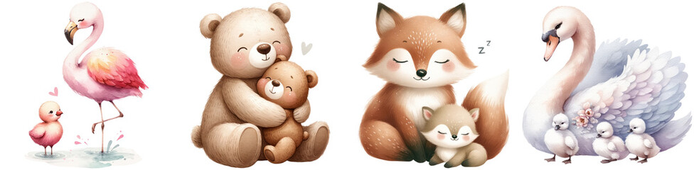 Adorable Watercolor Family Animals with Their Young, A heartwarming series of watercolor illustrations showcasing loving moments between animal parents and their offspring, perfect for family-themed