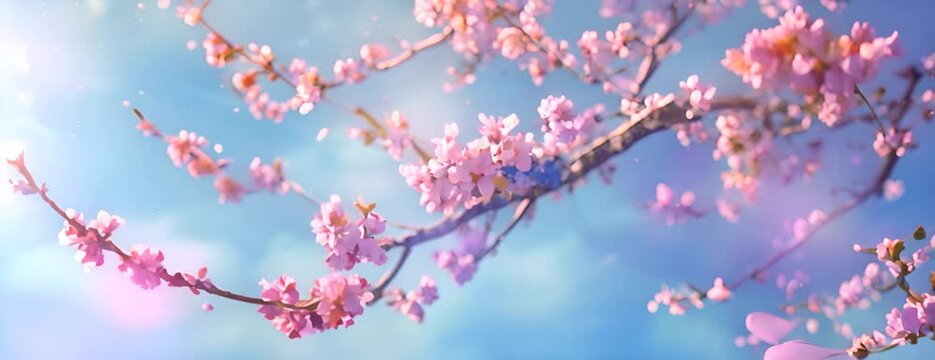 Blossoming tree branch on blue sky background. Spring equinox concept 4K Video