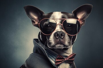 Bulldog wearing a suit and glasses - obrazy, fototapety, plakaty