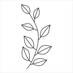 Black silhouette of a plant branch. Flower branch in outline style hand drawn on isolated white background. Vector stock illustration. Minimal line art for print, cover or tattoo.