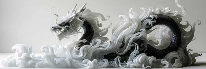 Glass Black Dragon Sculpture On White, Background Banner