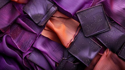 purple background fabric with dark square chocolate pieces, in the style of elite, dark...