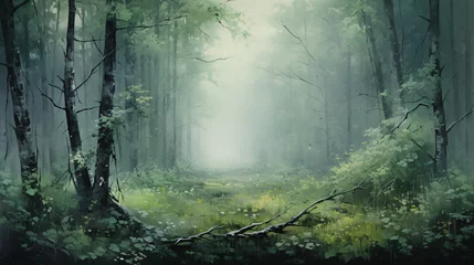 Foto op Canvas Art misty green dense forest a gloomy dream © Rimsha