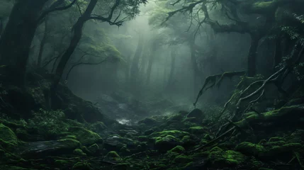 Poster Rivière forestière Art misty green dense forest a gloomy dream