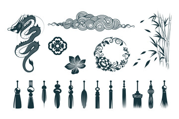 Set of traditional chinese tassels for good luck, dragon, bamboo, cloud and other design elements. Vector illustration for tattoos, printing on t-shirts and cards.