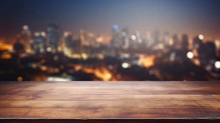Grunge natural wooden desk top with copy space for product advertising over blurred neon city background - obrazy, fototapety, plakaty