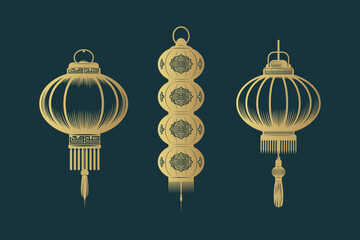 Three golden silhouettes of Chinese traditional lanterns.  Hand drawn collection of Feng Shui symbols.Vector illustration for greeting cards and print.