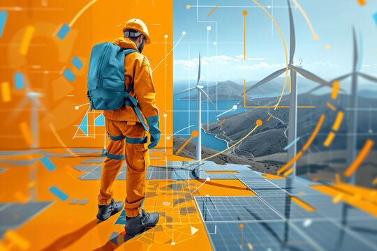 Engineer analyzing solar and wind energy efficiency, futuristic concept