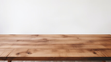 Grunge natural wooden desk top with copy space for product advertising over blurred brushed white background