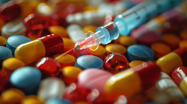 Syringe among pills.
