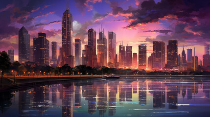 skyline at sunset, futuristic concept, AI generated 