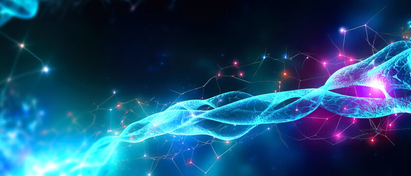 An electric blue art piece depicting an interconnected group of neurons in space