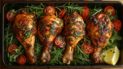 Naklejka premium grilled chicken legs with seasonings in a plate