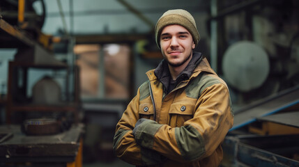 Fototapeta premium portrait of a worker in a factory standing and smiling at camera