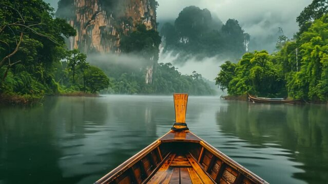 Fun boat trip. Magnificent nature of Thailand. Moving thai traditional Wooden boat sail among tropical islands at National Park. Summer vacation. Asia travel. Beautiful background. Tropical landscape.