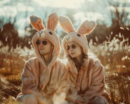 Young couple sitting in a nature in easter bunny costumes.