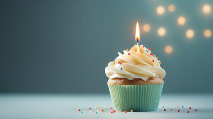 birthday banner, cupcake with candle on turquoise isolated background with copy space. Greeting concept