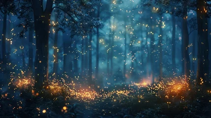 Foto op Canvas Mystical night in the woods, fireflies glowing like stars, casting a spell of beauty and awe. © tonstock