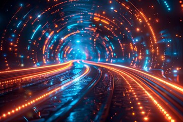 Obraz premium Cutting-edge tech with sleek dynamic lights, exuding innovation and velocity in vibrant royal blue and neon hues.