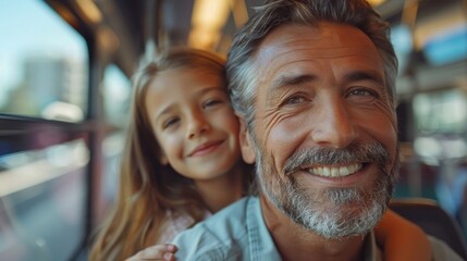 Fototapeta premium Family of four enjoying a scenic train ride on their vacation, creating memories together.