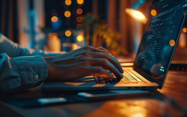Man uses laptop at night to hack into secure data, risking office security. - obrazy, fototapety, plakaty