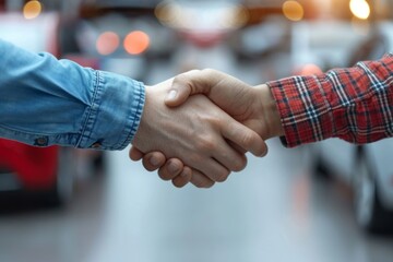 After sealing the deal with a handshake, the customer and auto insurance agent finalize the insurance agreement with a handshake, with the customer's car in the background.