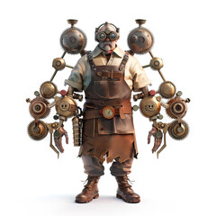 Steam Powered Inventor: A tinkerer with goggles, a leather apron, and mechanical arms, creating fantastical contraptions powered by steam and gears.. 3d render in minimal style isolated on white backd