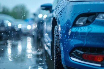 Rain droplets cling to the sleek surface of a car in a downpour, creating a glistening sheen. - obrazy, fototapety, plakaty