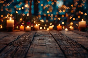 Rustic wooden panel illuminated by soft Christmas lights, perfect for a festive backdrop with room for text.