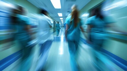 Hectic hospital hallway with moving medical professionals in scrubs.