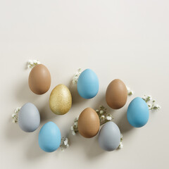 Easter Eggs pattern with White Gypsophila flowers on Light beige Background. Dyed colorful eggs in pastel colors, spring holiday photo, tender soft hues, flatly of celebration food and white blooms