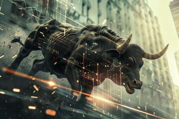 Charging Bull Statue with Digital Overlay, Symbol of Financial Power and Stock Market Resilience