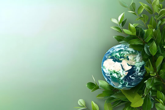 earth globe with green leaves on clean background, An Earth Day poster background with space for text, showing the idea of living sustainably and promoting development, generative ai